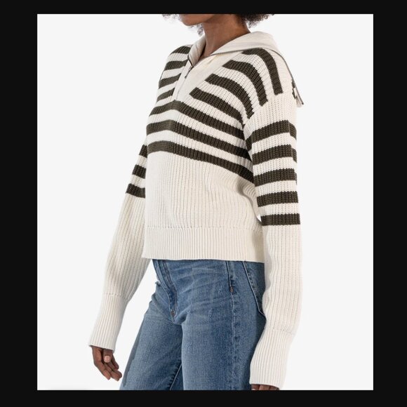 Kut from the Kloth Noley Quarter Zip Sweater - Off White/Olive - Small - Picture 2 of 8